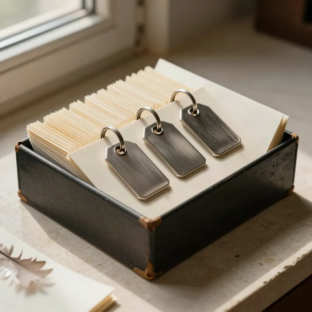 Archive box with key tags and file dividers on pale stone in soft daylight.