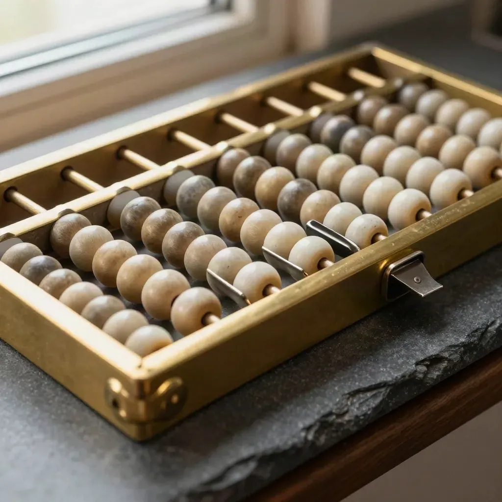 Brass abacus with coin trays and tally clips on dark stone surface.