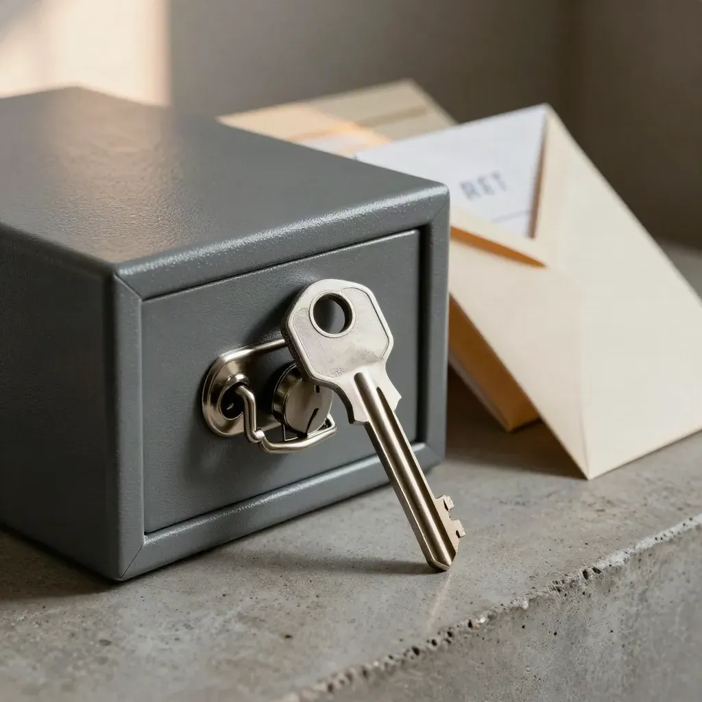 Steel vault key, document box, and sealed file envelopes on concrete in dramatic studio light