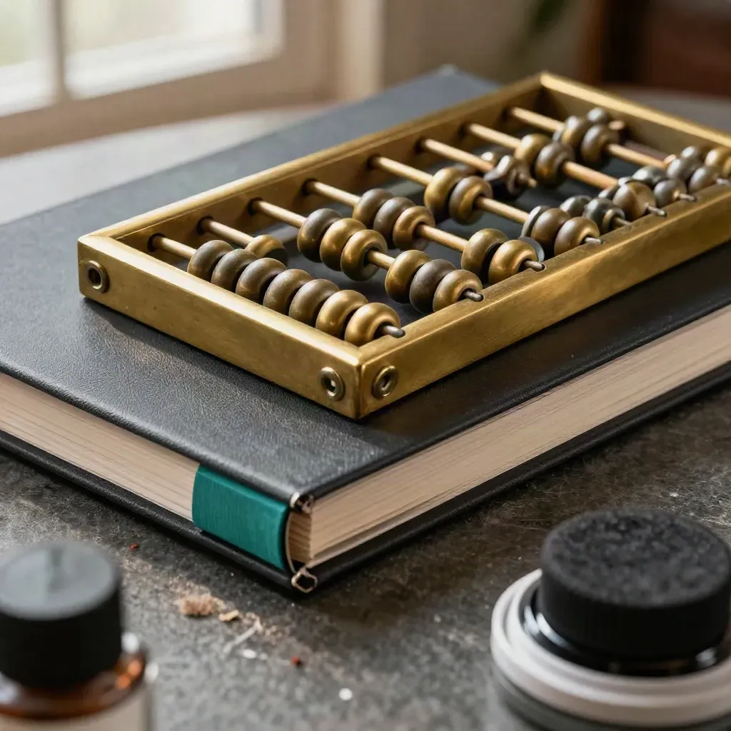 Macro of brass abacus beads beside a closed month-end binder and ink pad on a graphite stone surface.
