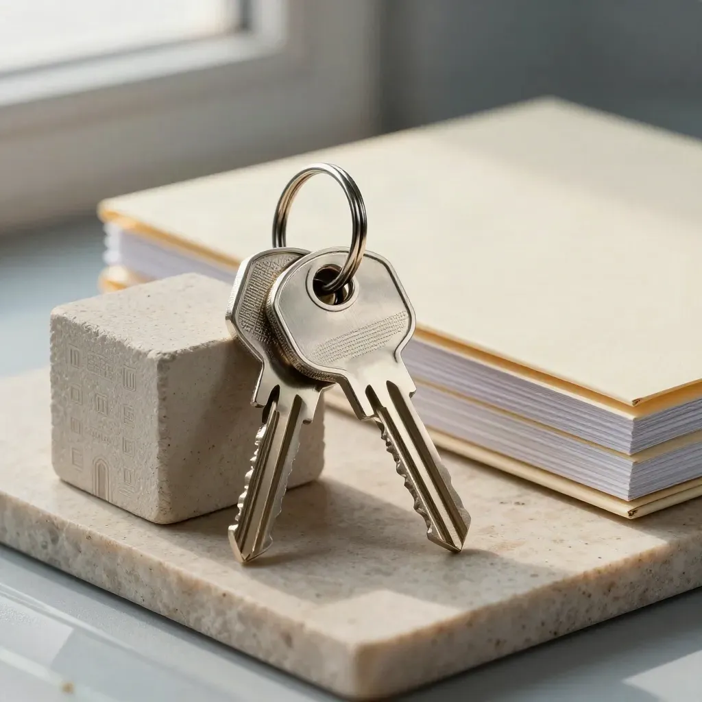 Property key ring, sealed lease folder and model building block on stone with soft studio light.