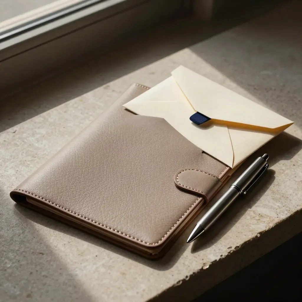 Closed presentation folio, silver pen, and dispatch envelopes on stone with a navy ribbon tab