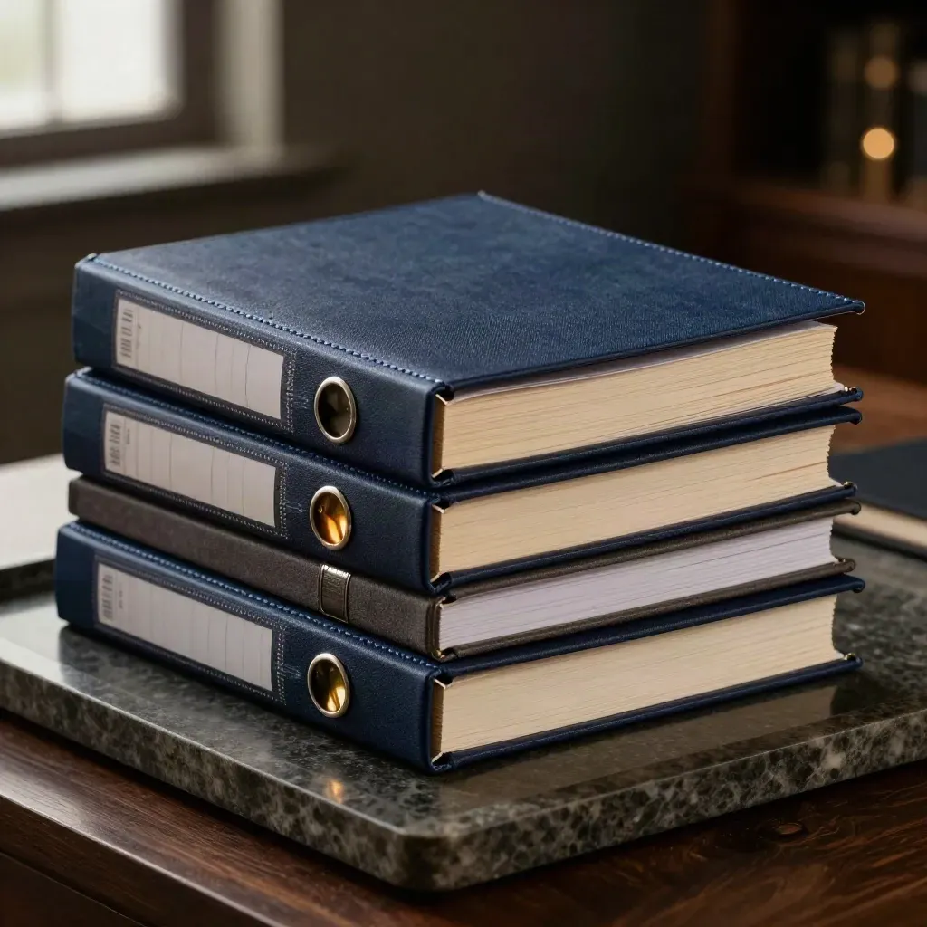 Closed audit binders, brass seal, and stone tray lit dramatically on a dark studio surface.