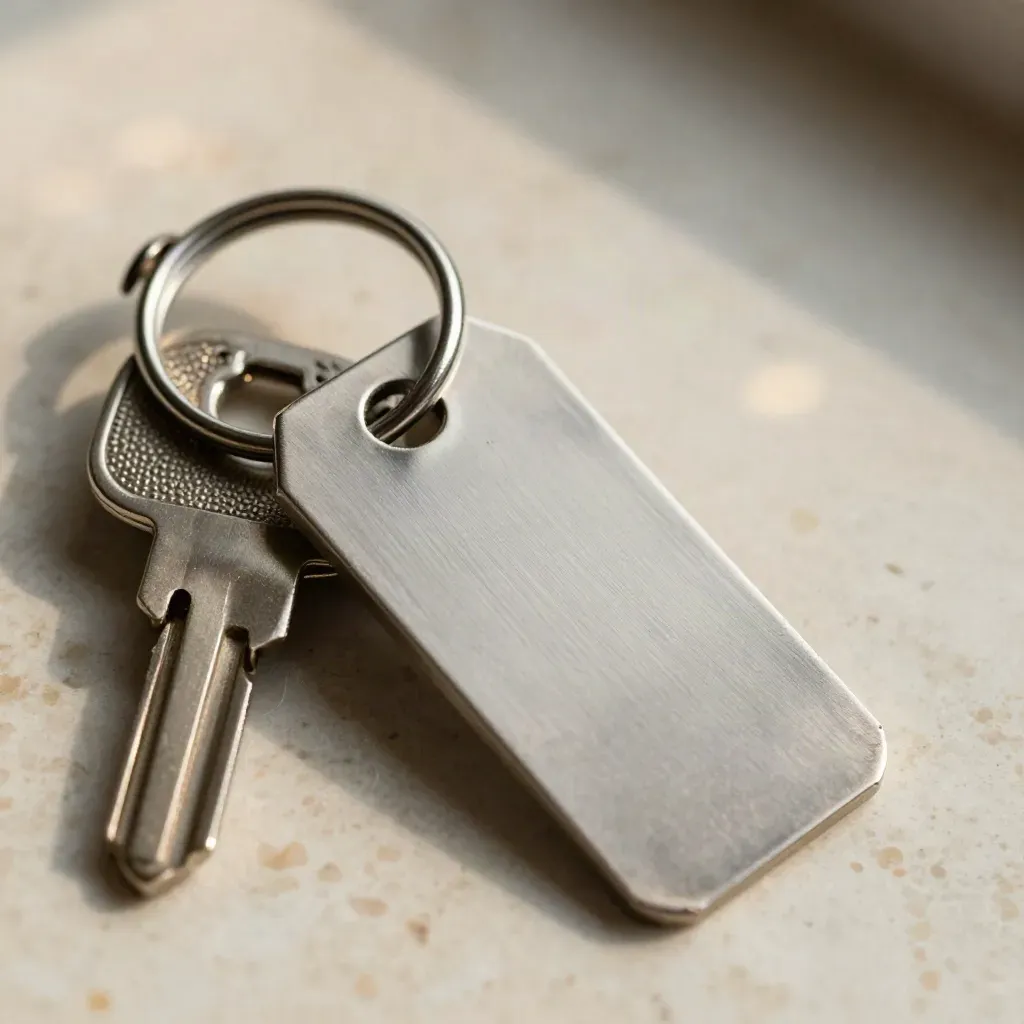 Macro still life of key ring, lease clips, and property tags on travertine.