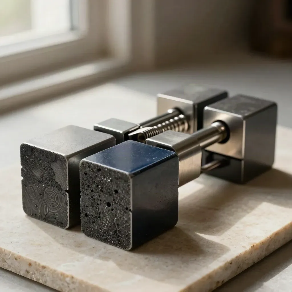 Graphite link blocks bridged by steel connectors on pale limestone, lit dramatically