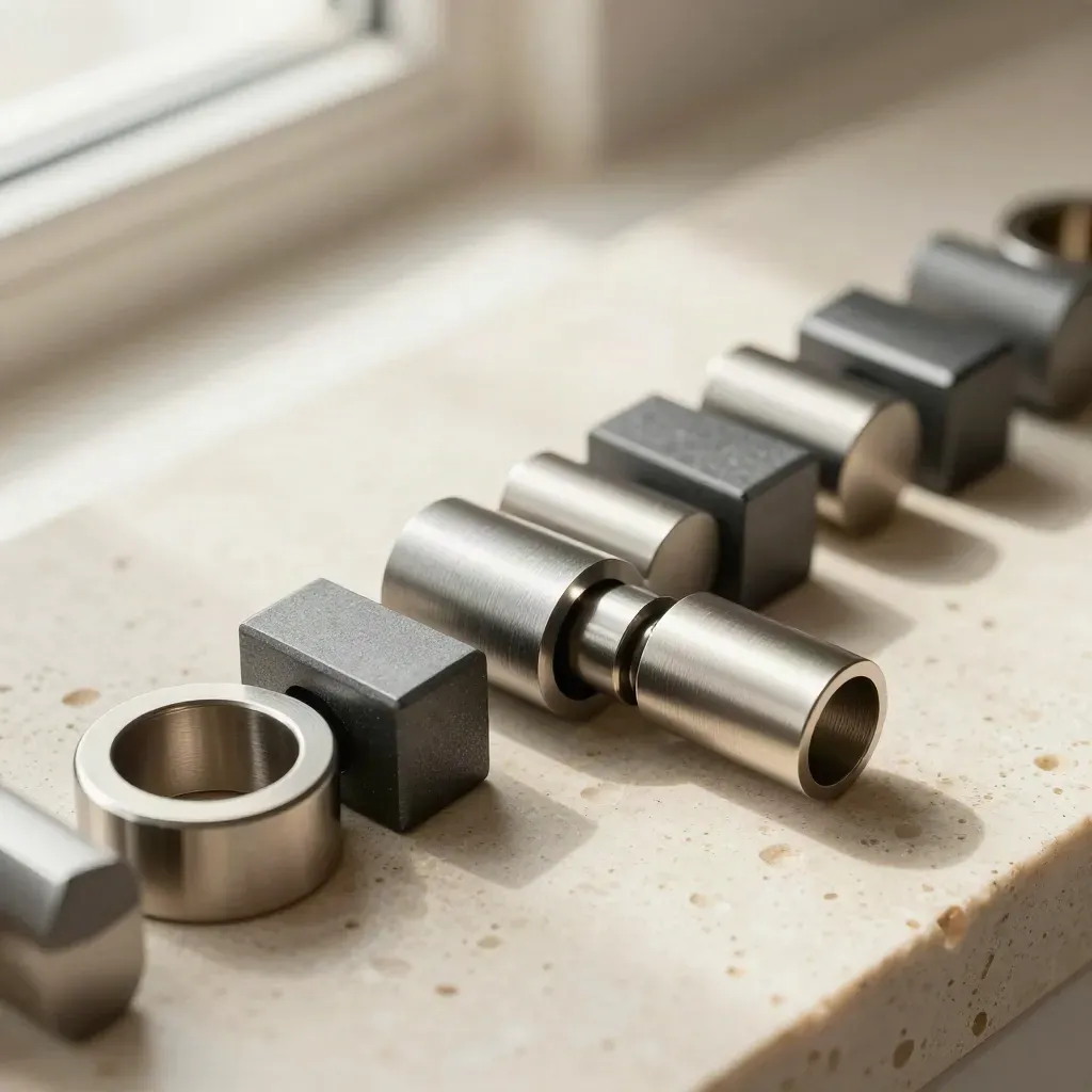 Steel rings and connector blocks snapped together on pale stone, close macro.