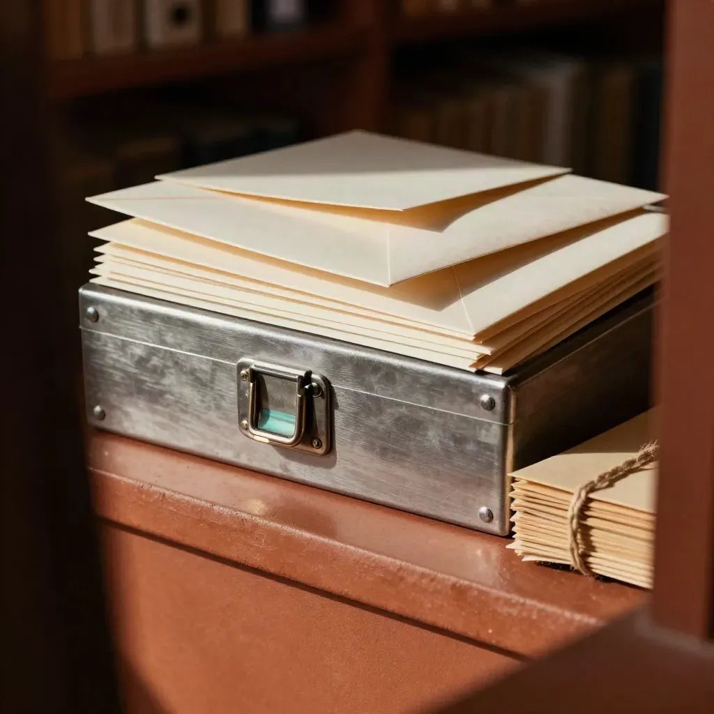Sealed envelopes, archive latch, and file bundle on terracotta ledge in soft daylight