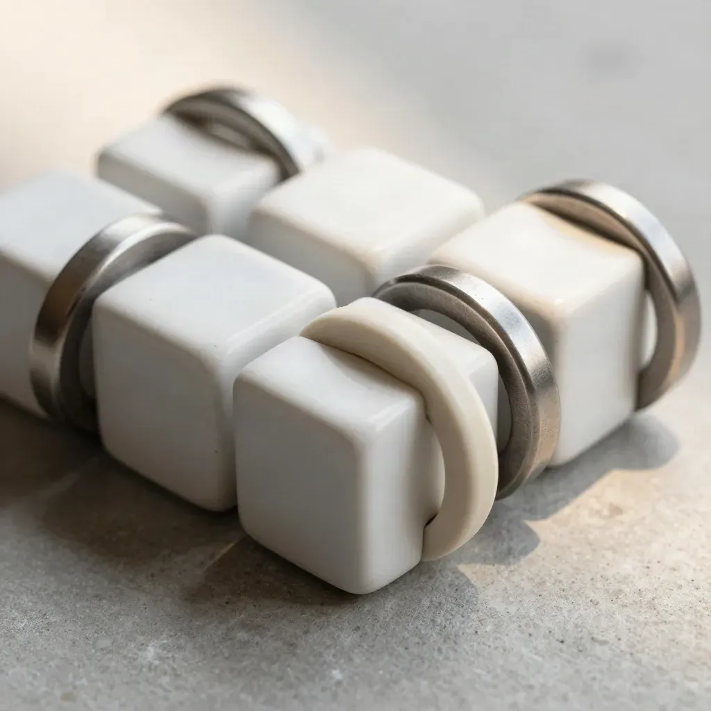 Macro of ceramic cubes and linked rings aligned in a precise modular row on concrete.
