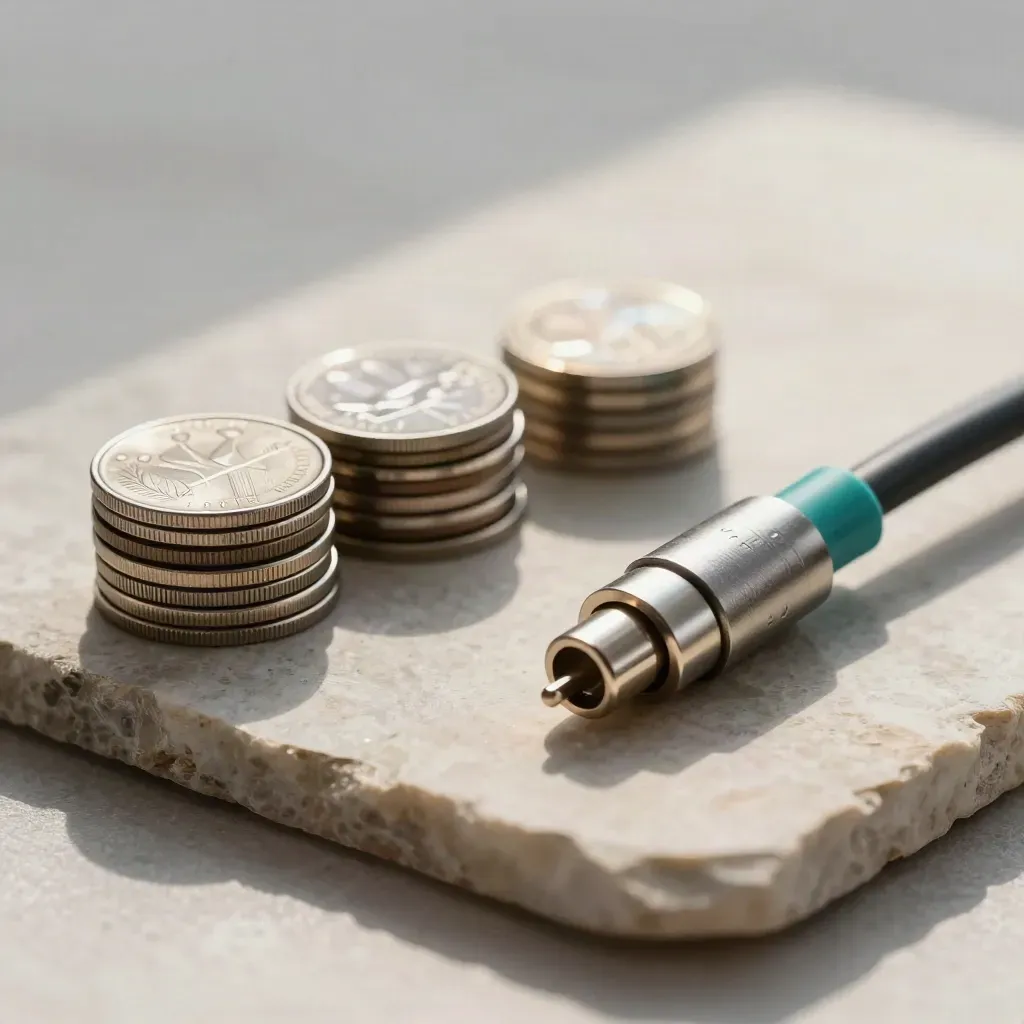 Metal tokens, transfer node, and cable ends on stone with soft light.