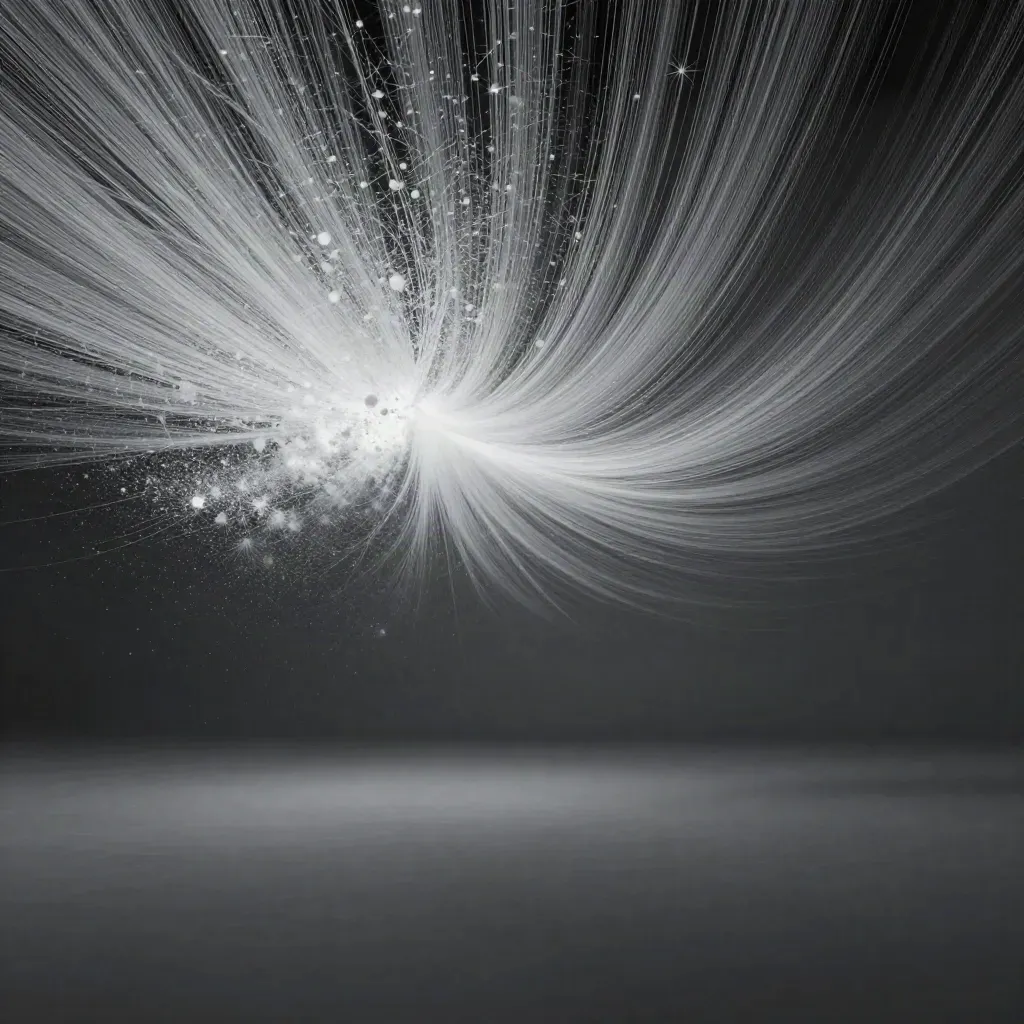 Silver light filaments bloom in graphite haze with calm empty space for copy.