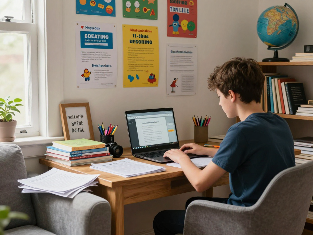 Student engaging with 11 plus exam tutors near me in a cozy study environment filled with educational materials.
