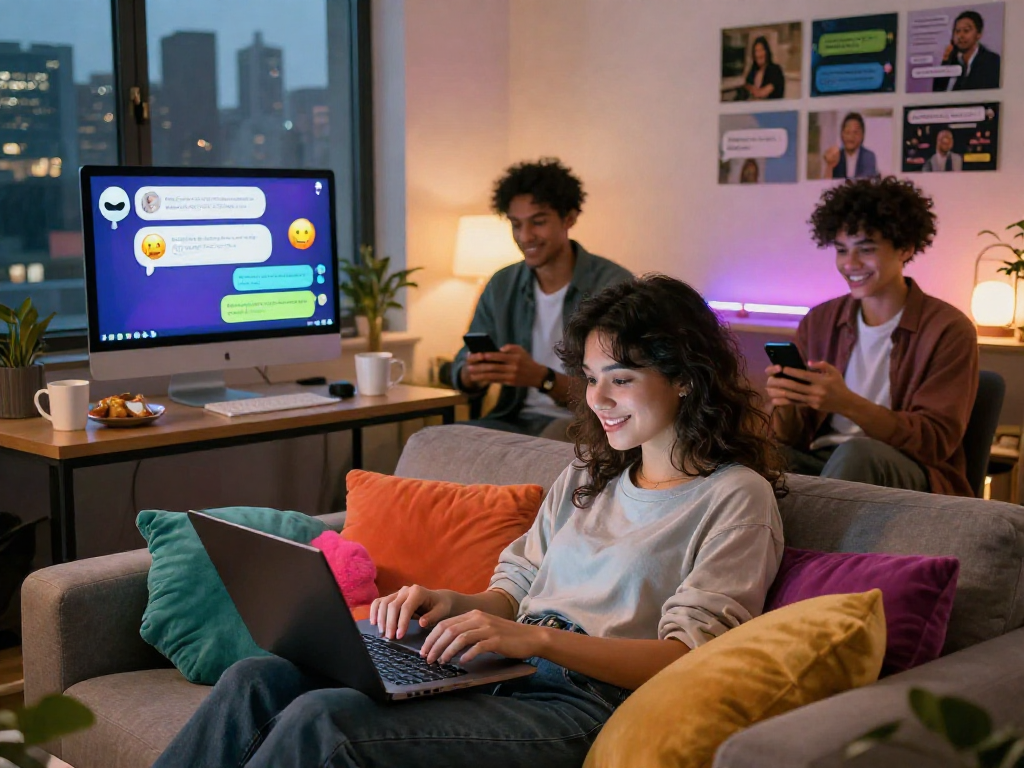 Engaging nsfw chat scene with diverse individuals interacting on devices in a cozy setting.