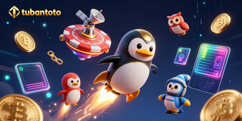 Engage with tubantoto through a vibrant casino-themed online adventure featuring a golden penguin in space.