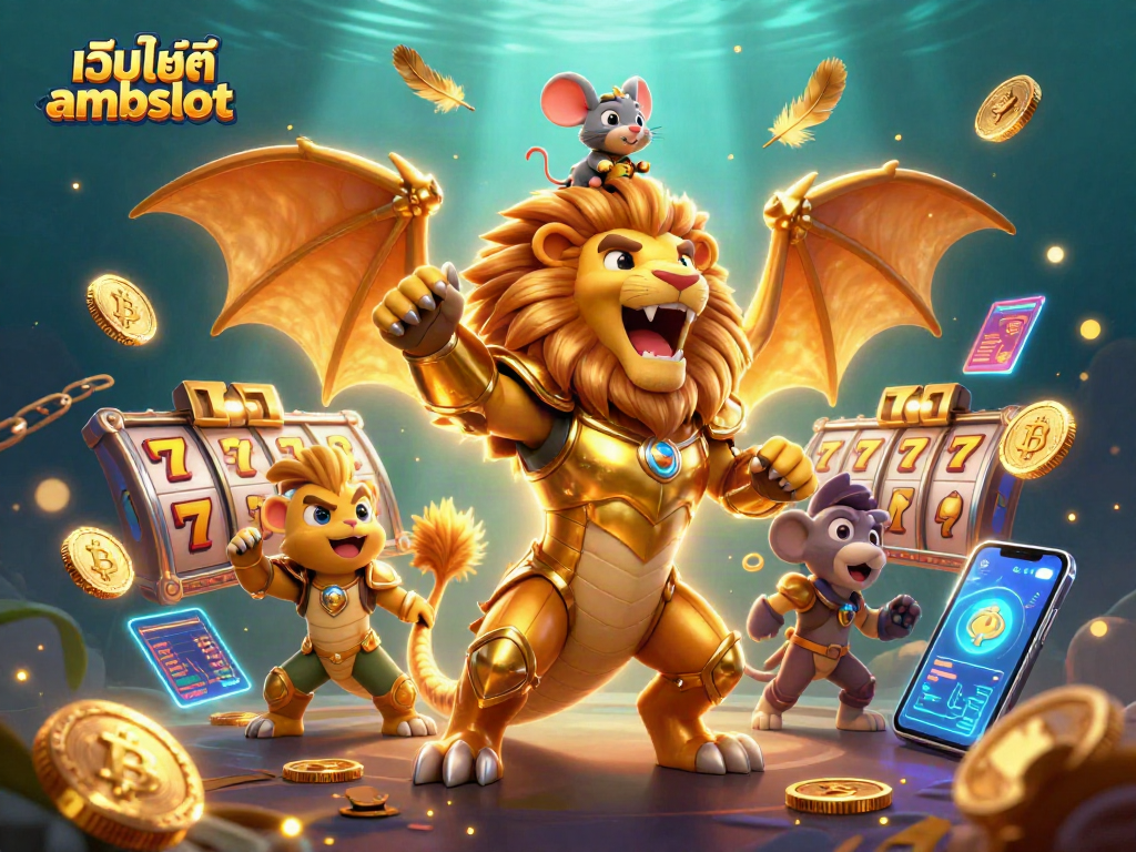 หมุนสล็อตที่เว็บไซต์ ambslot พร้อมรางวัลแจ็คพอตและเหรียญคริปโตที่ลอยอยู่