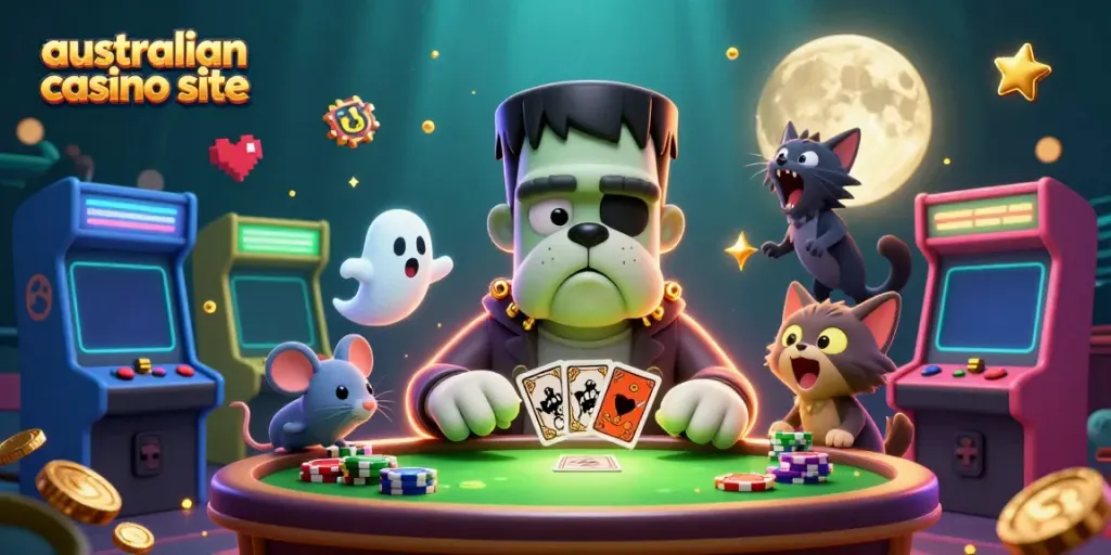 Engage in thrilling action at an australian casino site with characters at a lively gaming table.