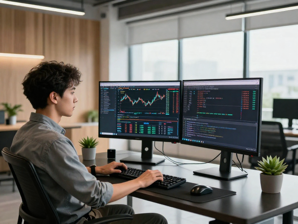 Real-time forex trading environment with grain algorithmic trading API integration showcasing dynamic charts and modern tech workspace.
