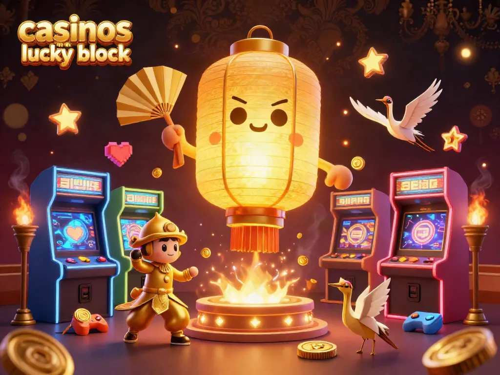 Experience the vibrant energy of casinos like Lucky Block with this dynamic 3D illustration featuring playful characters and gaming elements.