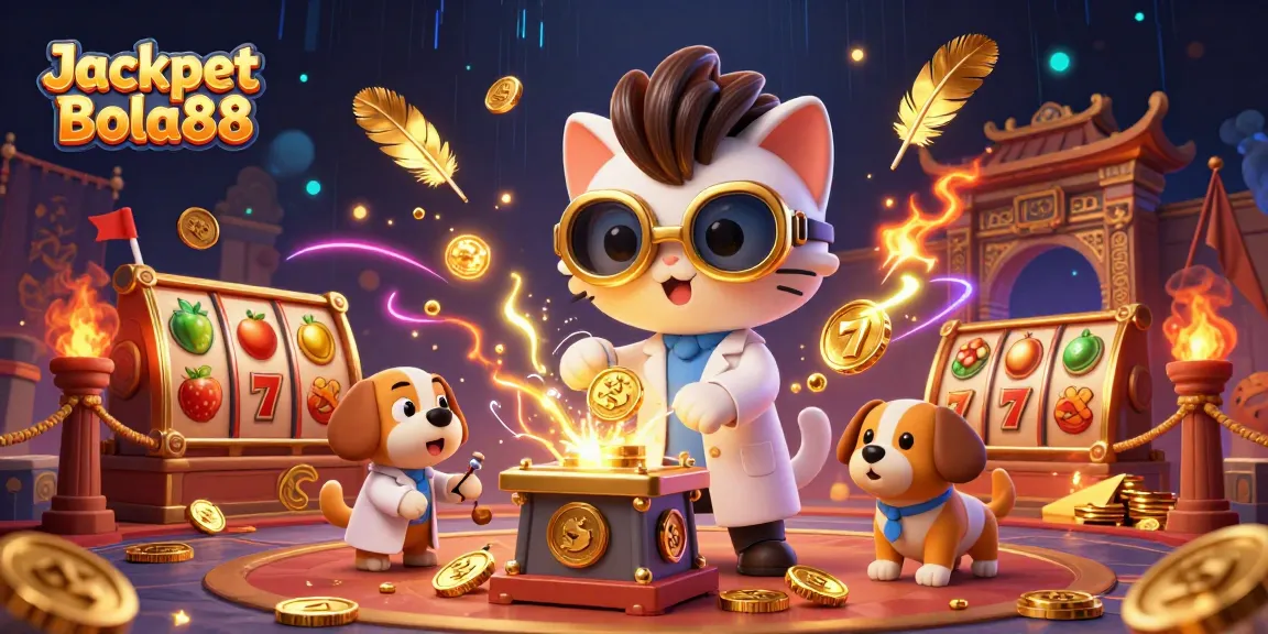 Experience the excitement of Jackpot Bola88 with a mad scientist cat creating a gold-coin machine surrounded by vibrant casino elements.
