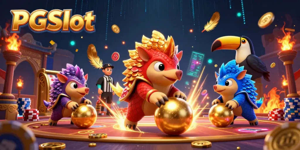 Spin to win in PGSlot with vibrant pangolins and dynamic casino elements!