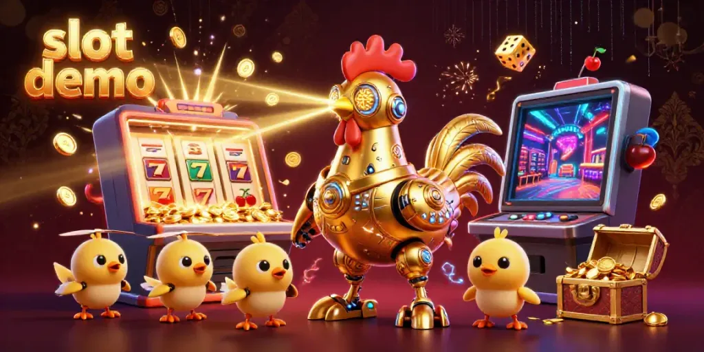 Slot demo permainan mesin slot dengan robot ayam emas dan efek jackpot.