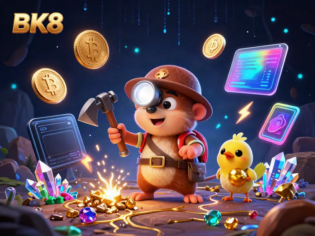 BK8's dynamic treasure hunting scene with neon crypto elements showcasing engaging online gaming.
