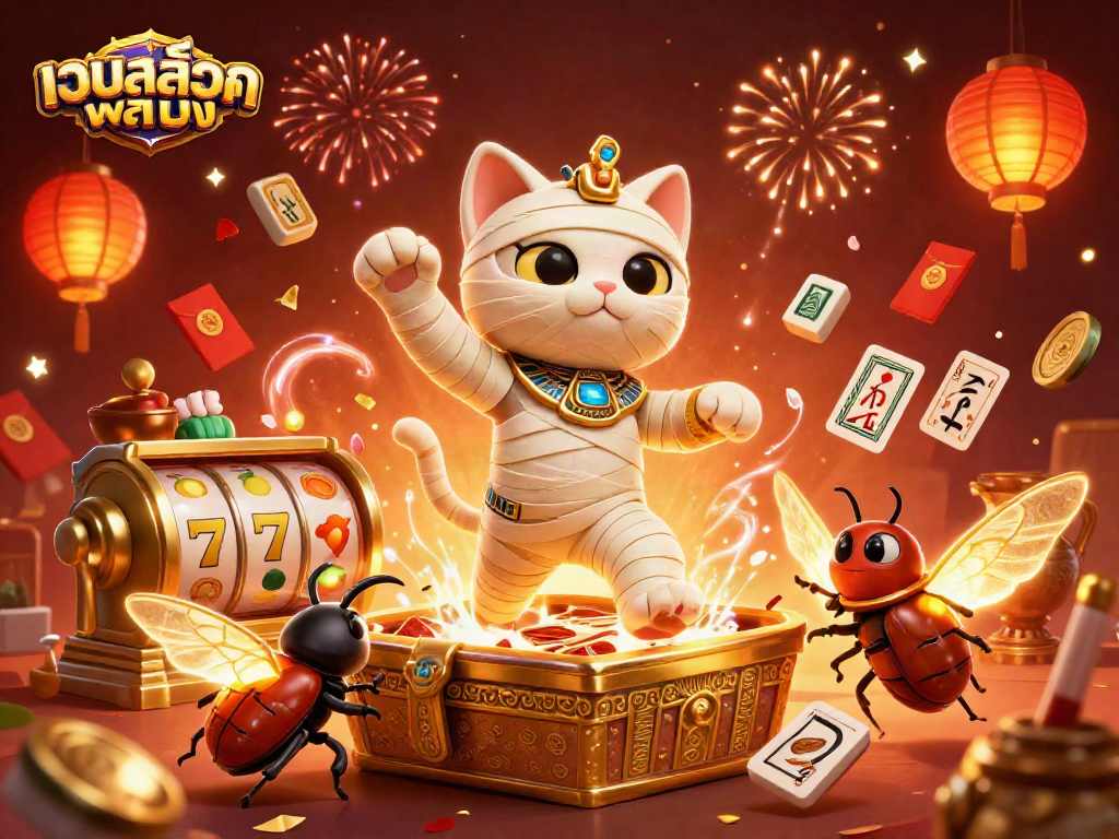 Spin and win with เว็บสล็อตตรง featuring a mummy cat and scarab in a vibrant casino scene.