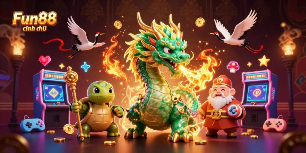 Engage in exciting gameplay with Fun88 chính thức, featuring a vibrant 3D casino scene with characters and gaming elements.