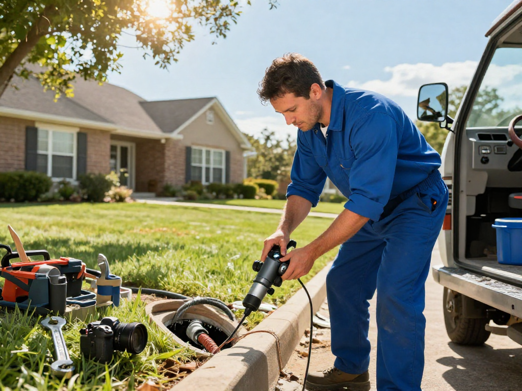 Expert plumber conducting sewer line service Fort Worth with advanced inspection tools in a suburban setting.
