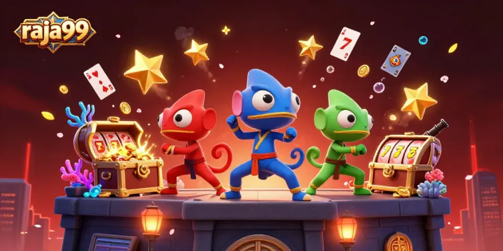 Experience thrilling slots action with raja99 featured in a vibrant, dynamic casino scene.