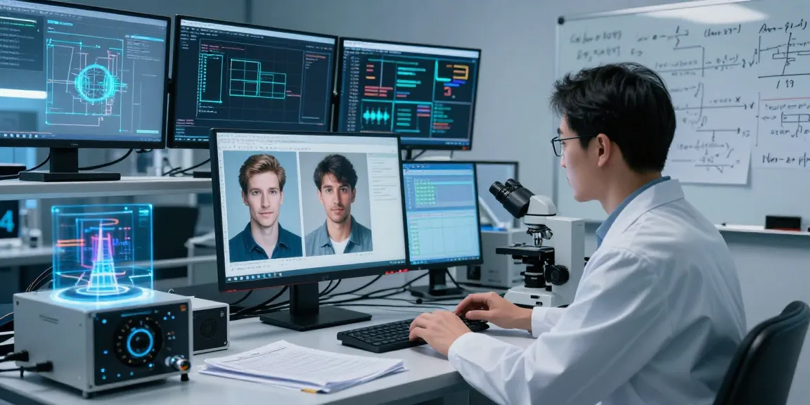 AI Image Detection research in a high-tech lab with scientists analyzing images side-by-side on monitors.