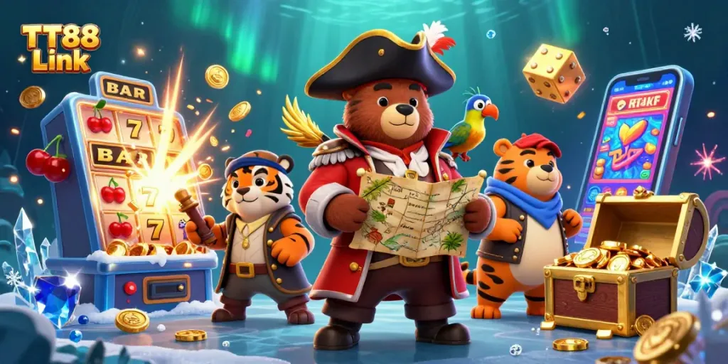 Engage with TT88 Link using vibrant slots and casino elements in a lively illustration.