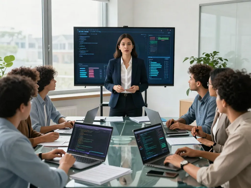 Deepfake protected meetings in a vibrant corporate setting with a diverse team collaborating on digital security.