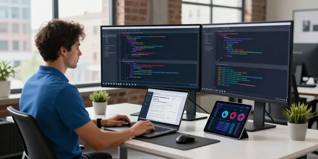 Developer analyzing software reviews at a modern workspace with dual monitors and coding interfaces.