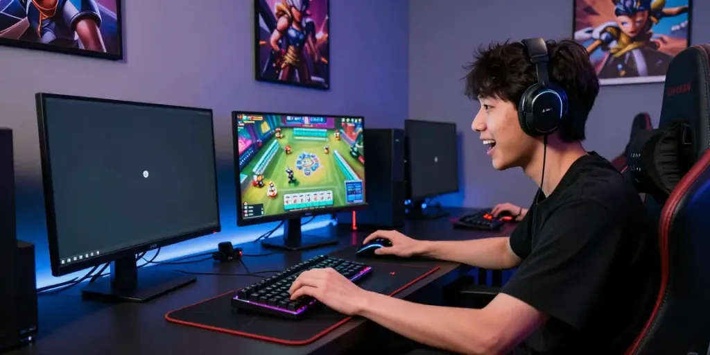 Engaged player on CIKA4D playing Mahjong game on a sleek laptop in a vibrant gaming setup.