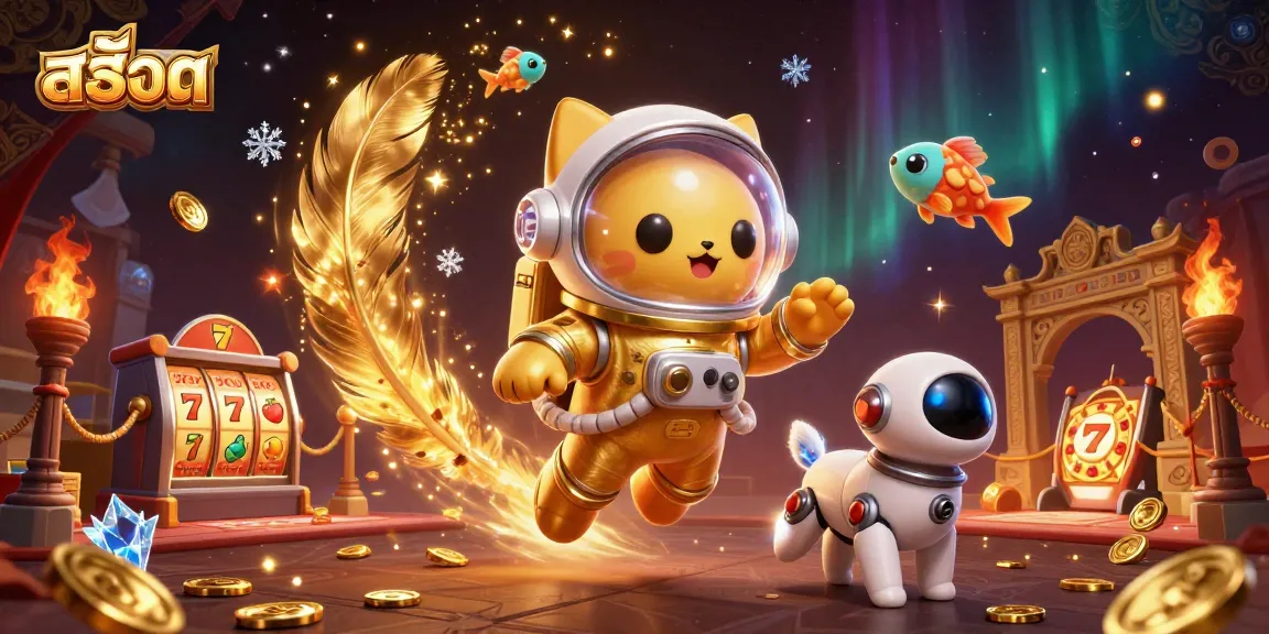 Spin the exciting สล็อต experience with a cartoon astronaut cat and a robot dog, surrounded by slot elements.