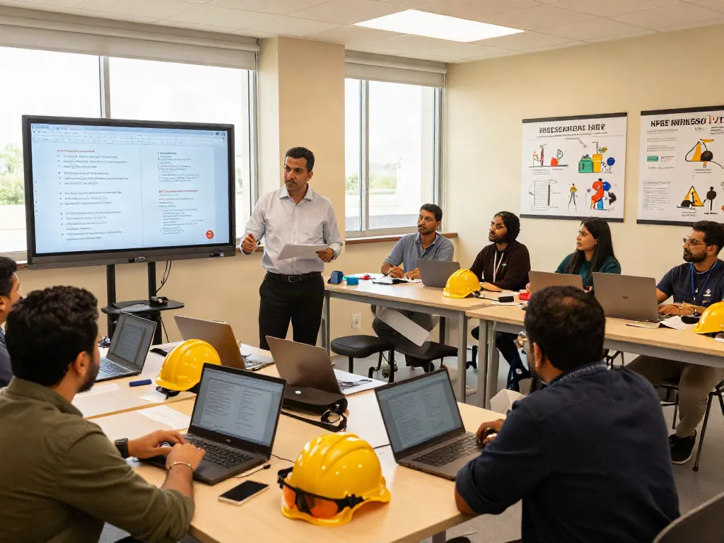 Training Institute Saudi Arabia classroom filled with adult learners engaged in HSE training activities led by expert instructor.