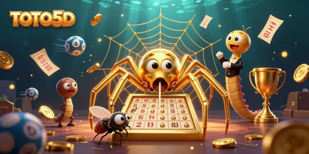 TOTO5D lottery scene with a golden spider and interactive characters spinning a web of excitement.