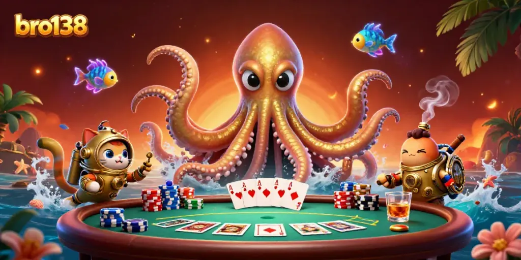 Engage with bro138 at a poker table surrounded by a colossal kraken and a diving cat in this vibrant casino scene.