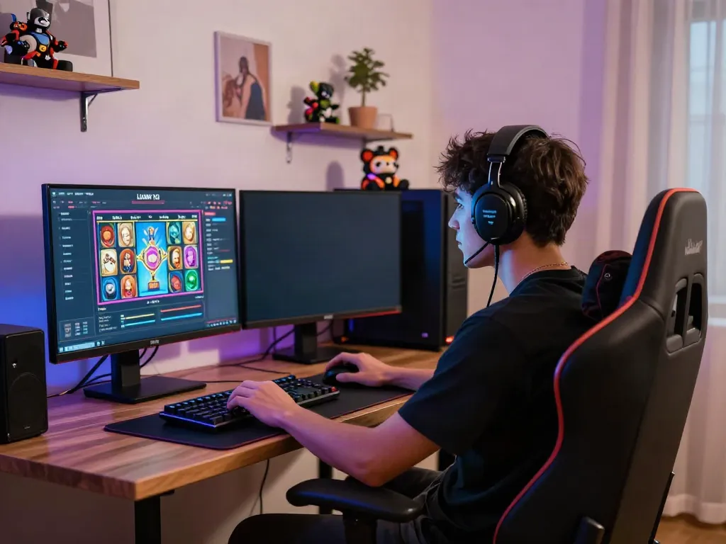 Gamer enjoying the luxury12 slot in a stylish home setup with vibrant graphics.
