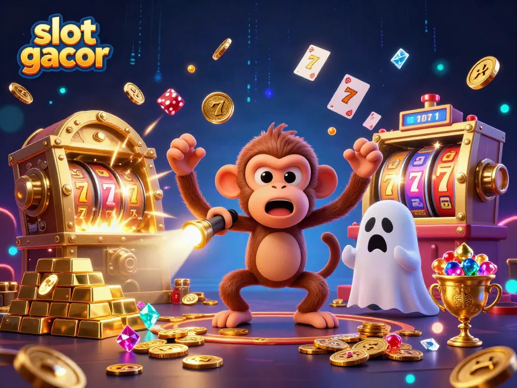 Experience thrilling slot gacor action with a playful monkey and ghost-hunter puppy in a vibrant casino scene.