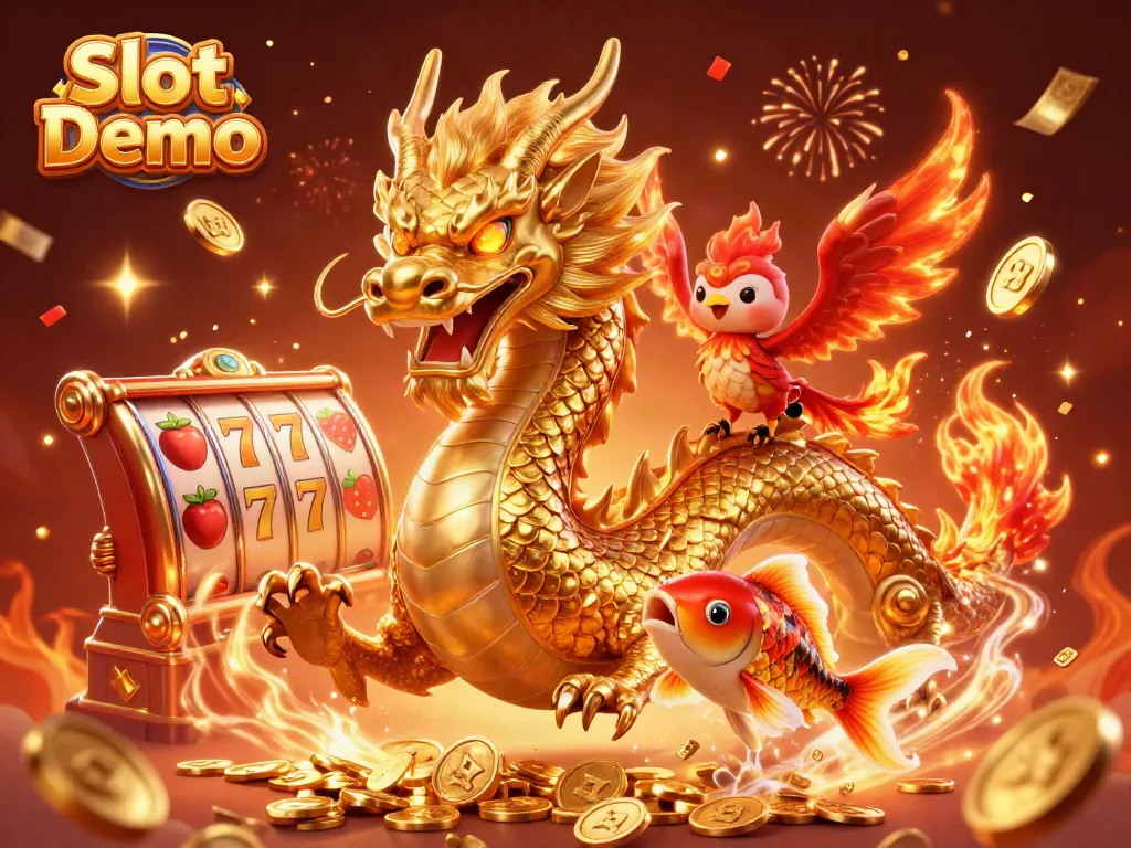 Engage with Slot Demo action through a vibrant 3D illustration of a dragon, phoenix, and koi fish.