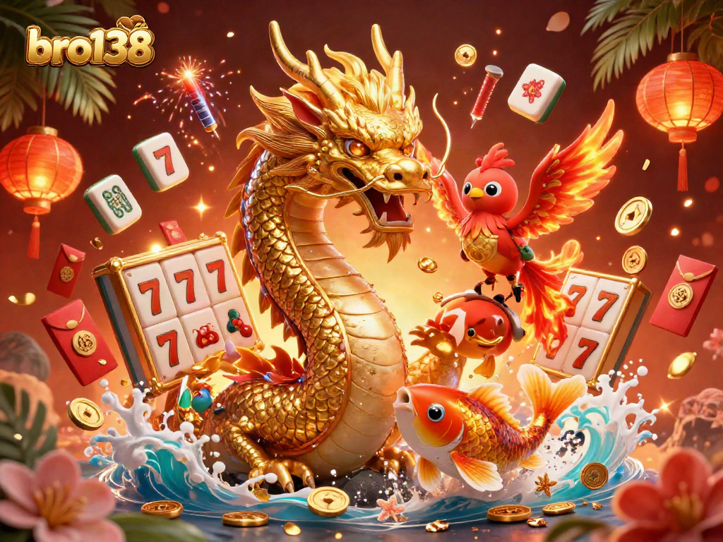 Experience thrilling gameplay at bro138, featuring a fierce dragon, phoenix, and koi fish in a vibrant casino-themed 3D scene.