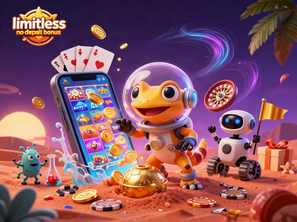 Engage with the limitless no deposit bonus in an exciting Martian casino scene featuring vibrant games.
