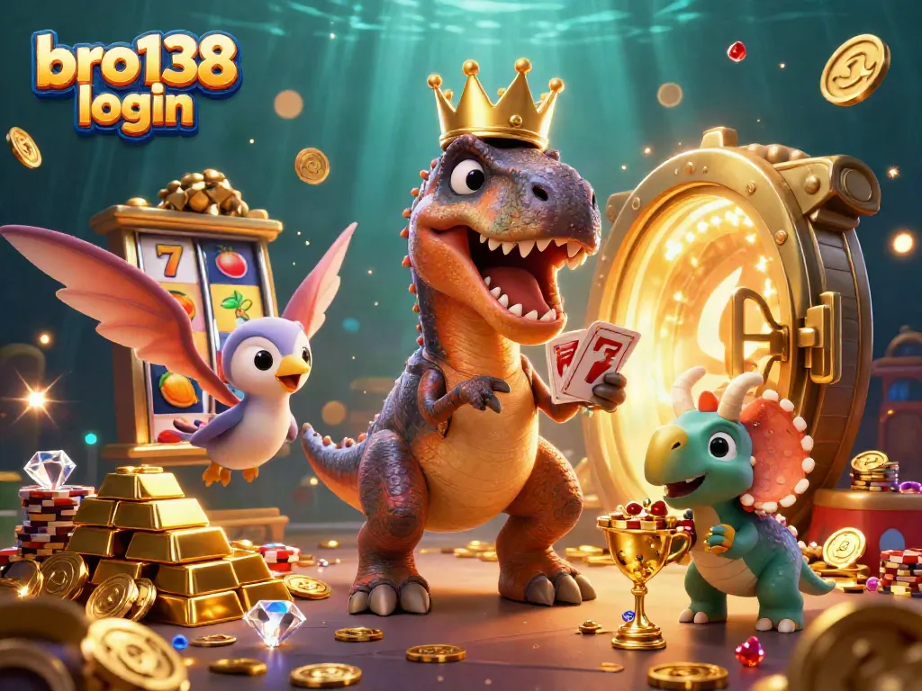 Experience an exciting bro138 login adventure with T-Rex shuffling cards and lively characters amidst golden treasures.
