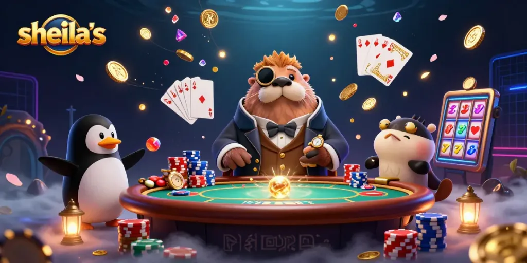 Sheila's playful underwater poker scene featuring a walrus, penguin dealer, and pufferfish.