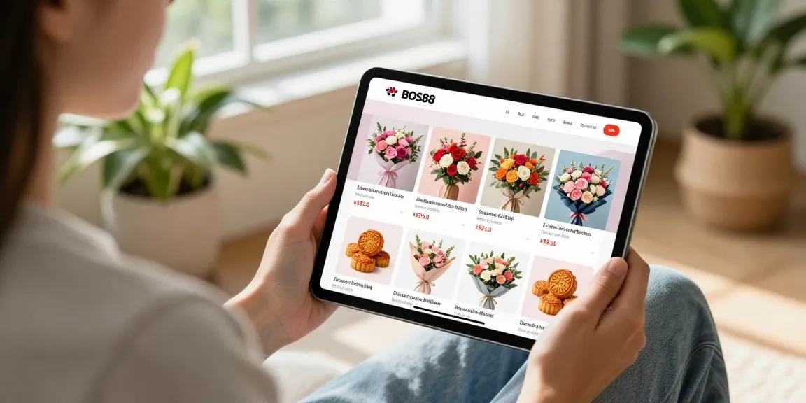 Interaksi pengguna di bos88 saat berbelanja bunga dan mooncake secara online.