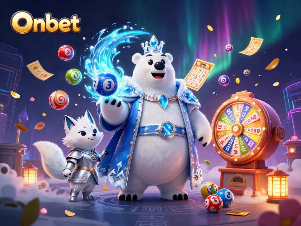 Onbet's thrilling scene featuring a polar bear and snow fox, with lottery excitement in a vibrant casino atmosphere.