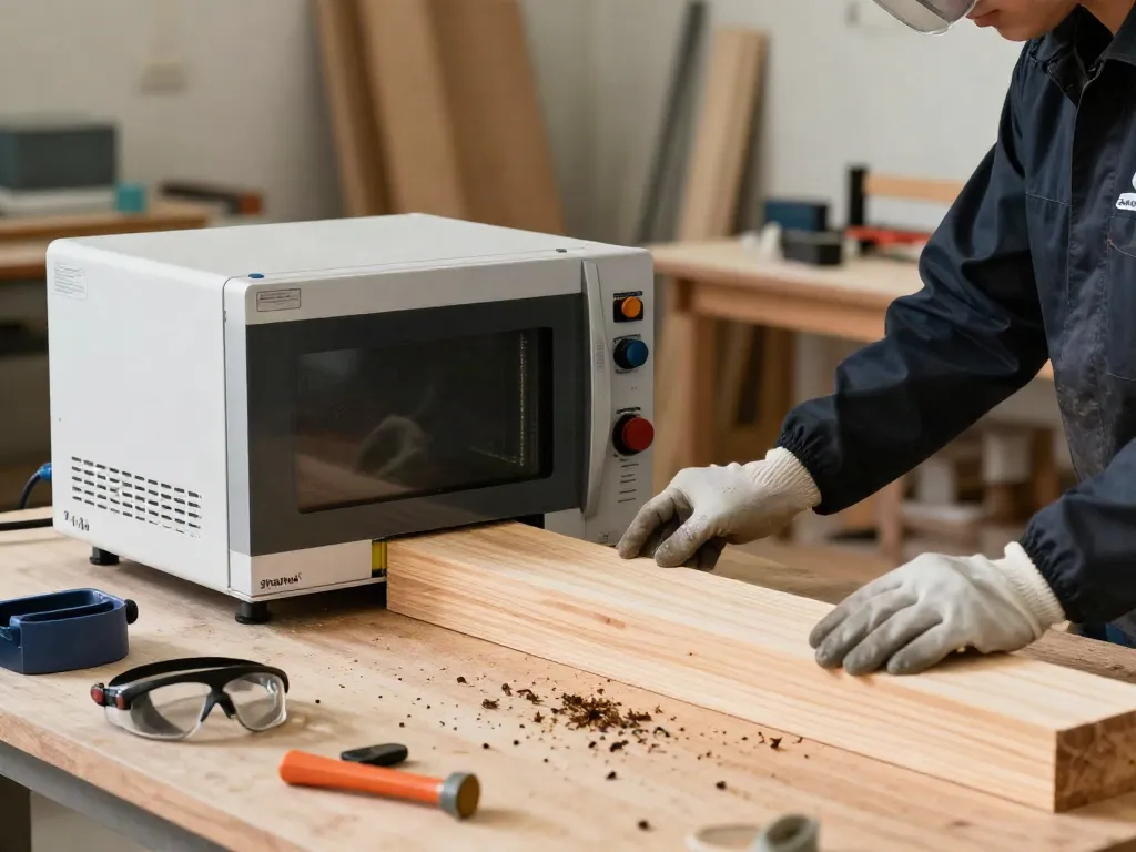 SHASHEL® microwave device eliminating wood-boring insects in a professional workshop.