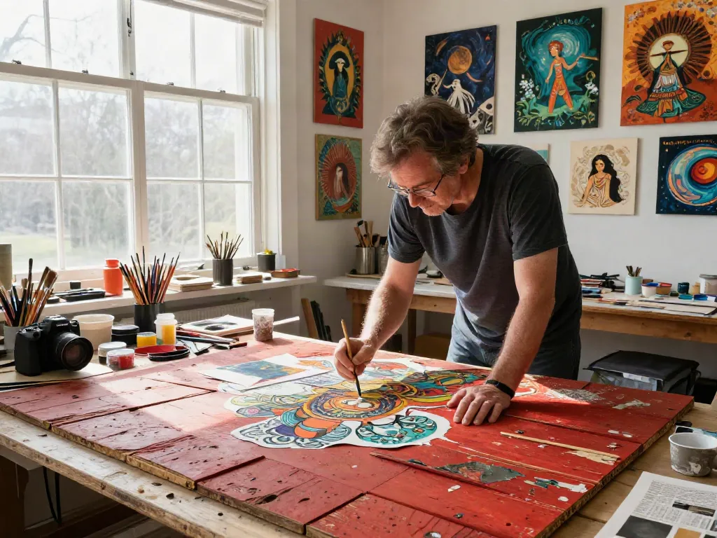 Bruce Bailey in a mixed media art studio creating unique works inspired by dreams.