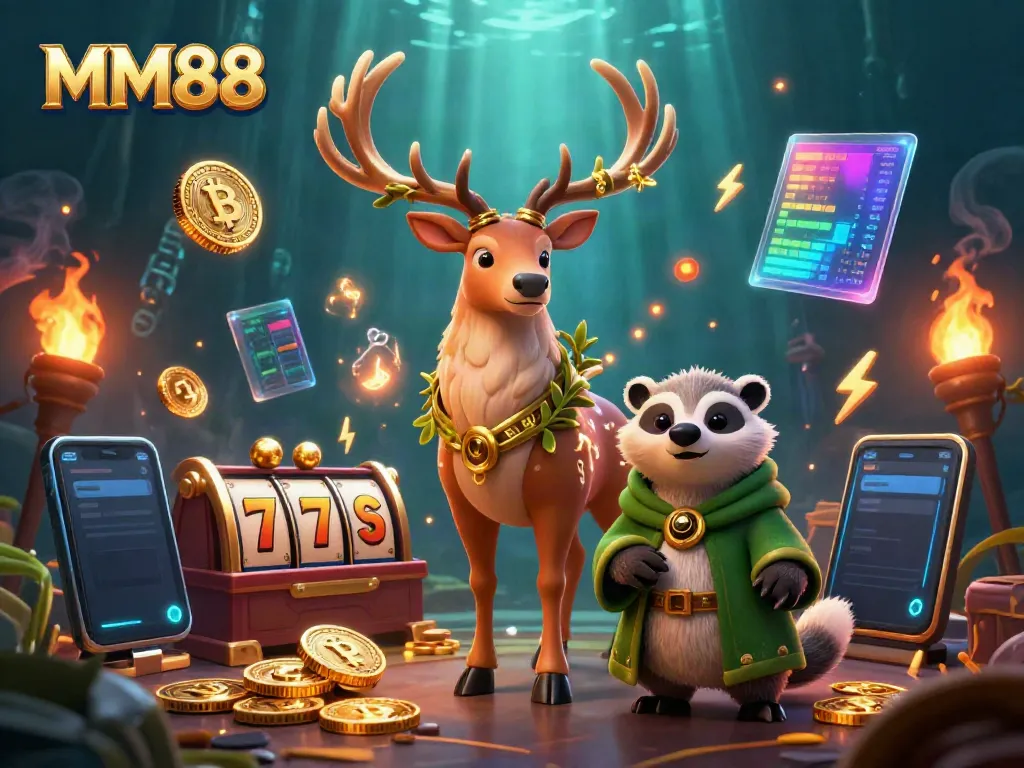 Engage with MM88's dynamic gaming scene showcasing a Celtic druid stag and badger amidst slot reels and crypto coins.